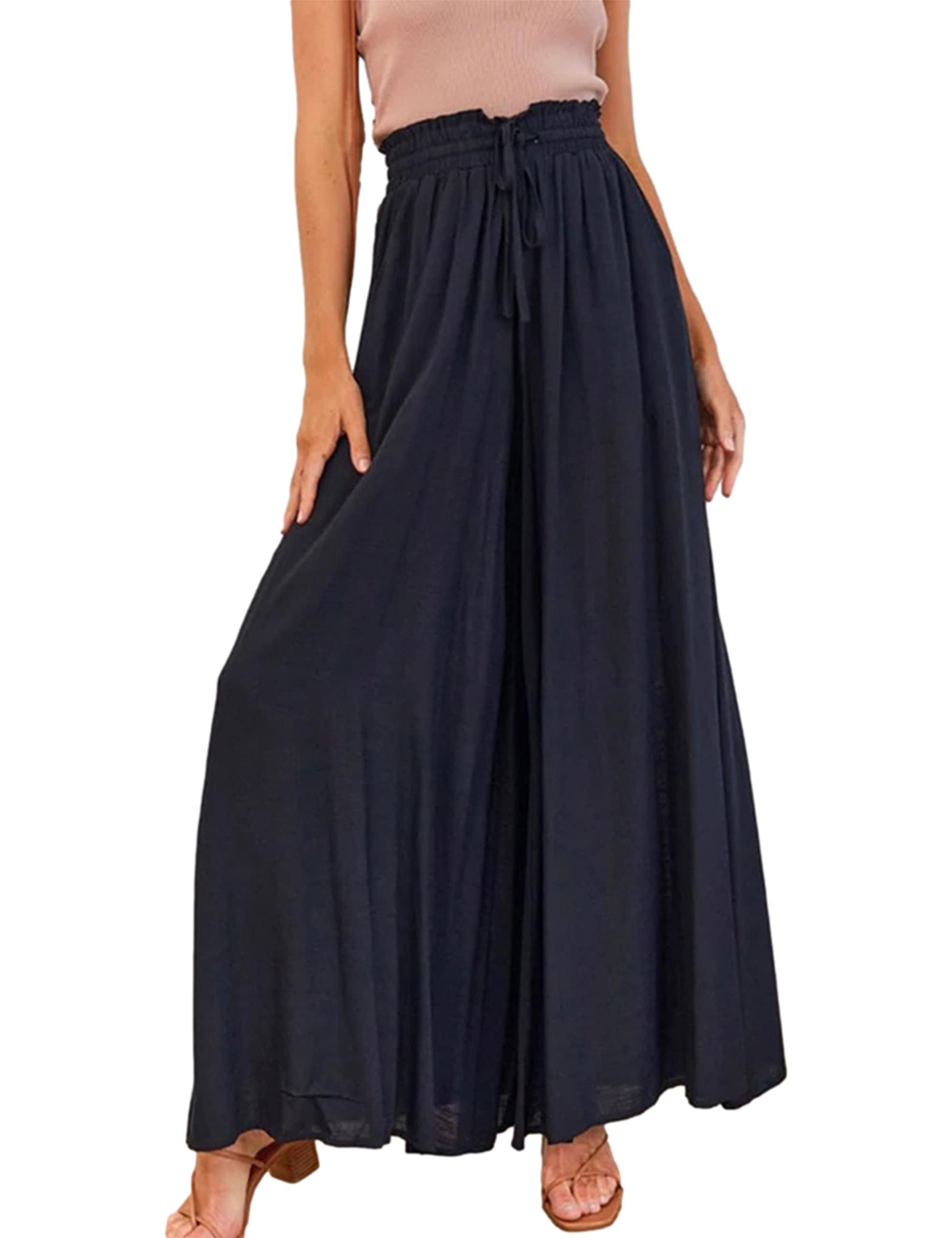 Zontroldy Wide Leg Palazzo Pants for Women High Elastic Smocked Paper Waist Casual Lounge Culottes Pants