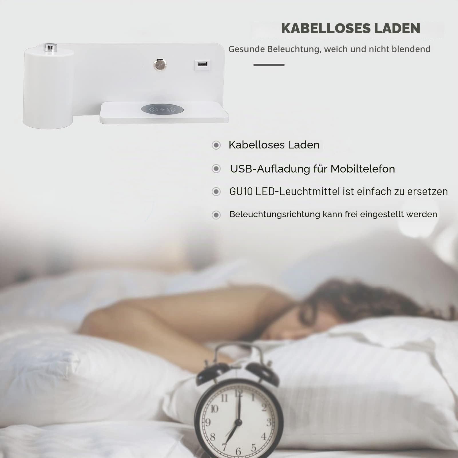 Wandleuchte, 330° Plus 150° Einstellbare USB Ladekabel Kabellos Einfache Stilvolle LED Wandleuchte mit flachem Ladefach für Schlafzimmer, Büro, Bett (weiße Links)