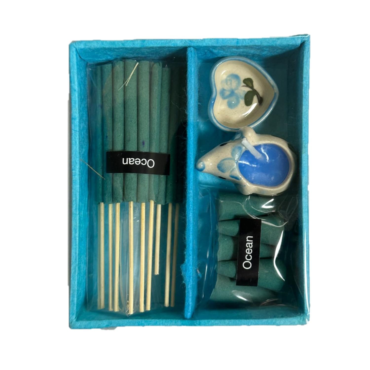 Relaxation Gift Pack | Aromatic Incense Sticks & Cones, Mini Soy Candle & Elegant Ceramic Holder, in Luxury Box Set | Stress Relief & Home Spa | Yoga, Meditation & Self-Care (Blue [Ocean])