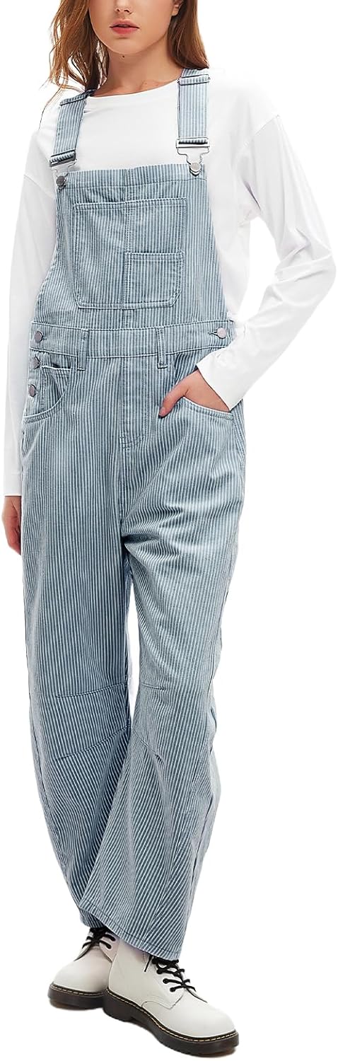 Kedera Women's Striped Bib Overall Barrel Casual Baggy Overall Pants Jumpsuits Adjustable Wide Leg Jumpsuits with Pockets - Image 2