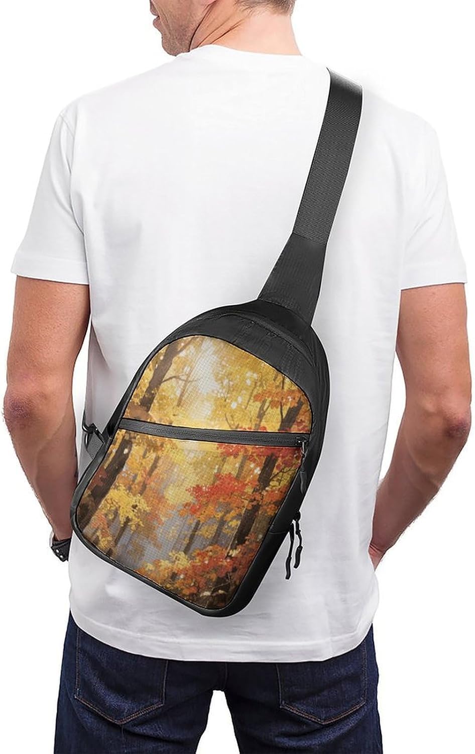Autumn Forest Sling Bag Crossbody Chest Bag Fanny Pack | Foldable Oxford Cloth Crossbody Bag with Internal Storage Bag Adjustable Sling Backpack Compact Lightweight for Travel Hiking