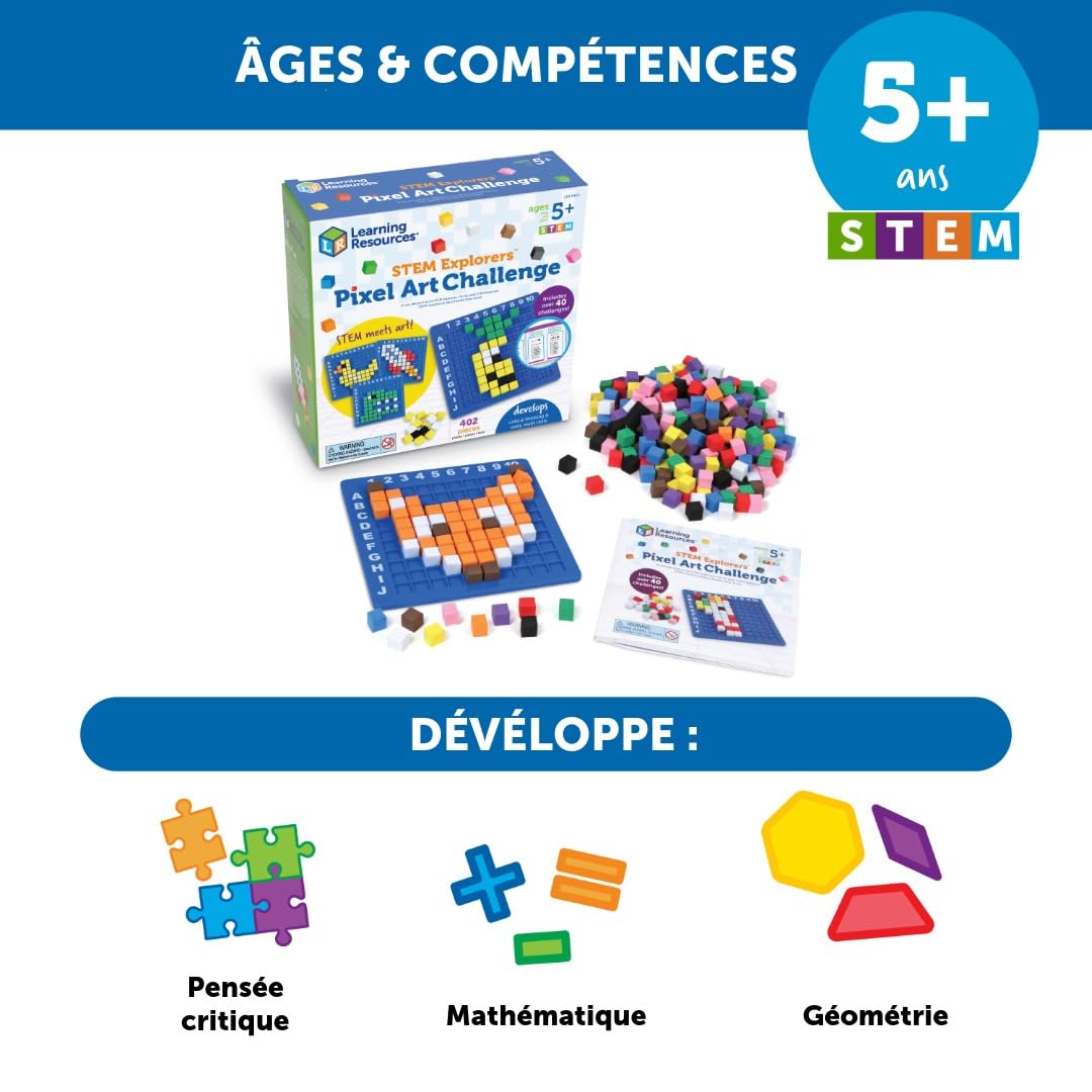 Learning Resources STEM Explorers Pixel Art Challenge, Jeu éducatif Codage sans écran 5-8 Ans, 400 Pixels, Base 10x10