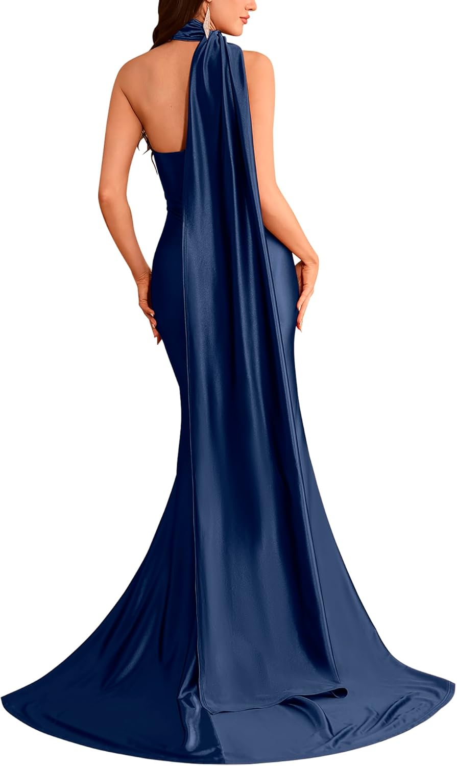 MUXXN Women Halter Formal Dresses for Women Long Maxi Backless Wedding Guest Gown Satin Evening Party Prom Dress - Image 2