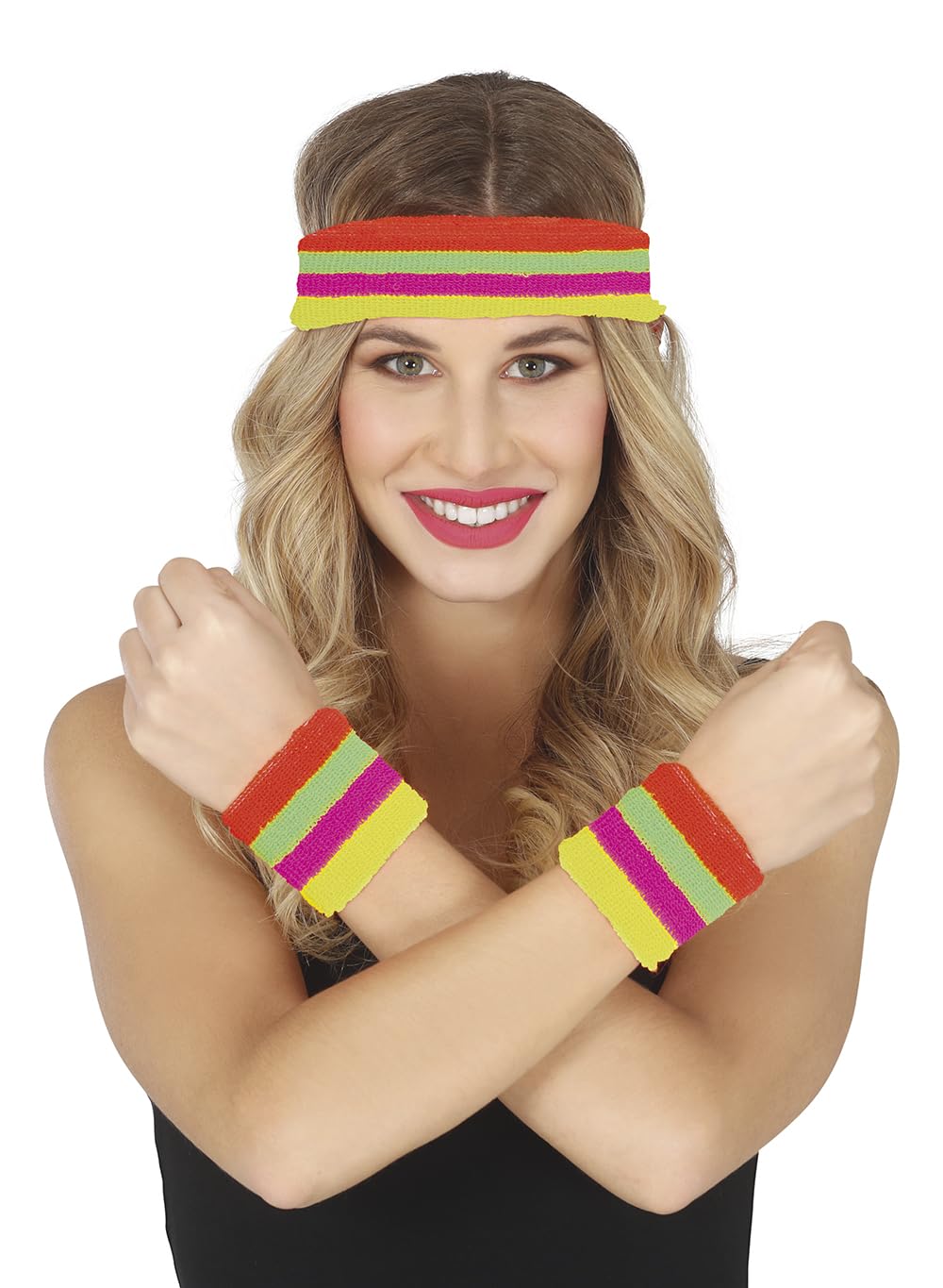 FIESTAS GUIRCA | Set of 2 Wristbands and Neon Multicolour Headband - Fancy Dress Accessory for 80s Parties and Sports Events - Ideal for Unisex Adults - Multicolour