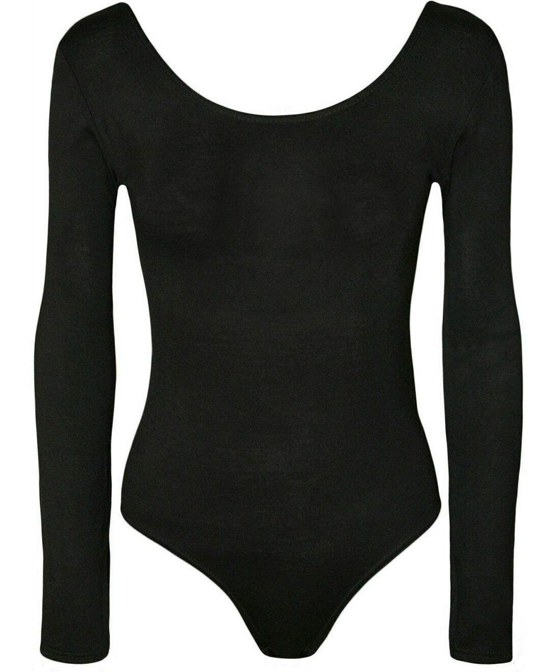 Womens Scoop Neck Plain Leotard Top Ladies Long Sleeve Dance Party Bodysuit Top (Black, UK 12-14)