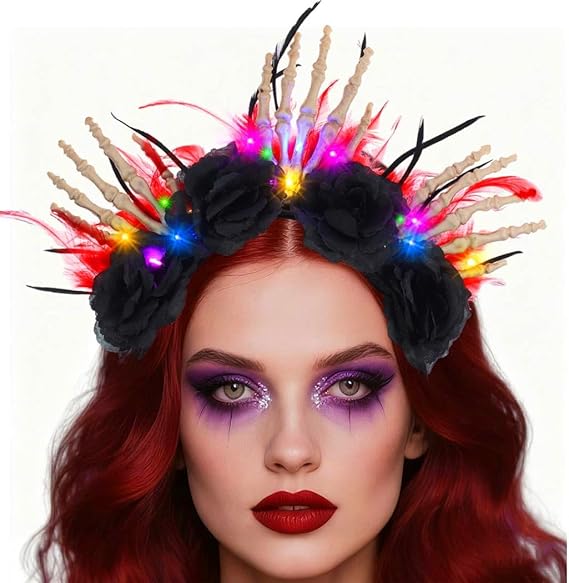 TWINKLEDE Light Up Halloween Headband Black Rose Hair Accessories Feather Skeleton Hand Halo Crown for Women