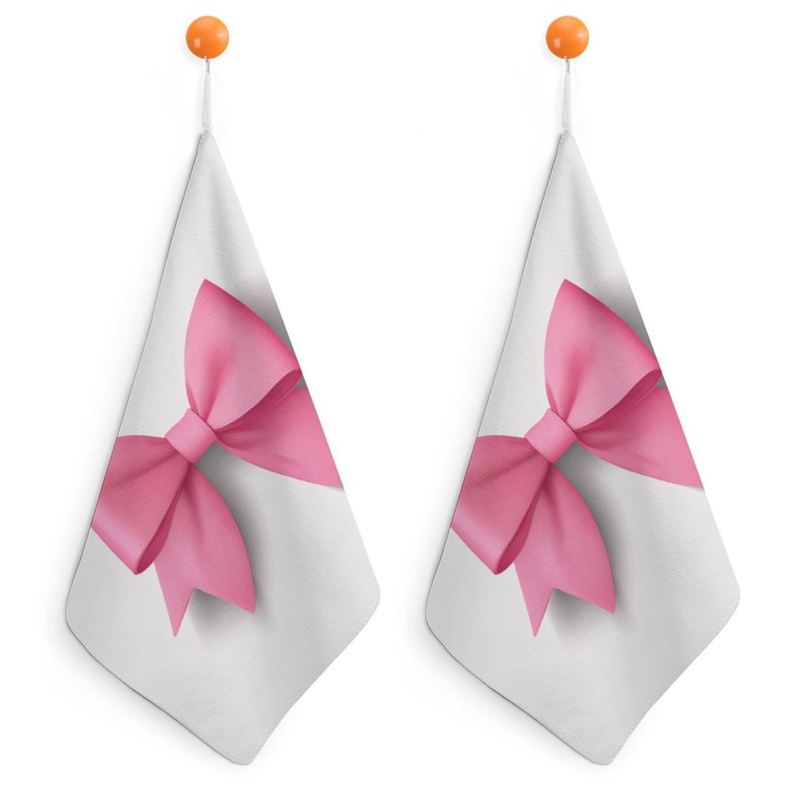 Jubonexis Pink Ribbon Bow on White Small Hand Towel with Hanging Loop 2 PCS Absorbent Soft Wash Cloth for Kitchen Bathroom