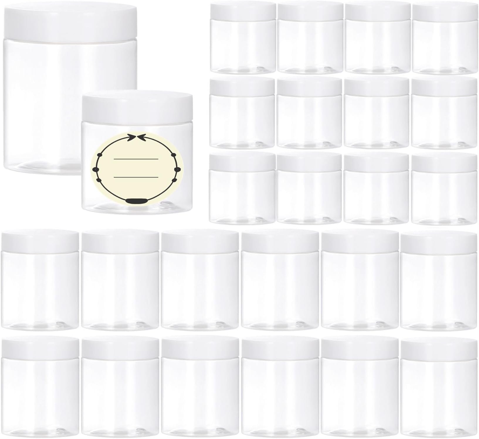 TUZAZO 24 Pack Plastic Jars with White Lids and Labels, 12pcs 8 OZ and 12pcs 4 OZ Round Clear Cosmetic Containers for Body Butter, Body Scrub, Cream, Lotion, Slime Jar, Small Items, Travel Storage