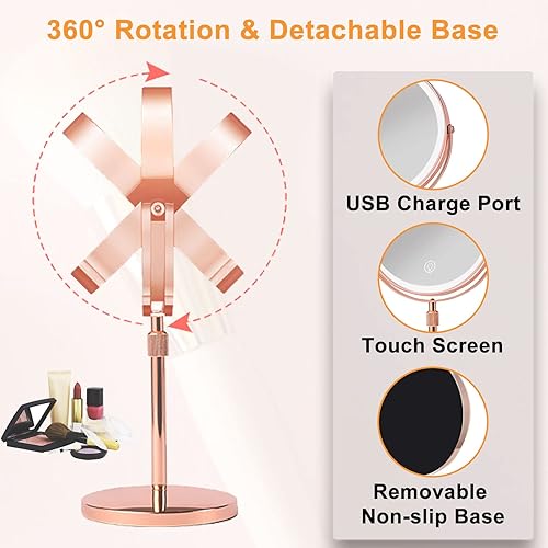 Miniatura 7 de AIKELIN Espejo de maquillaje con aumento iluminado con luces, altura ajustable, espejo de tocador aumentado recargable 1x10X con 3 luces de color,