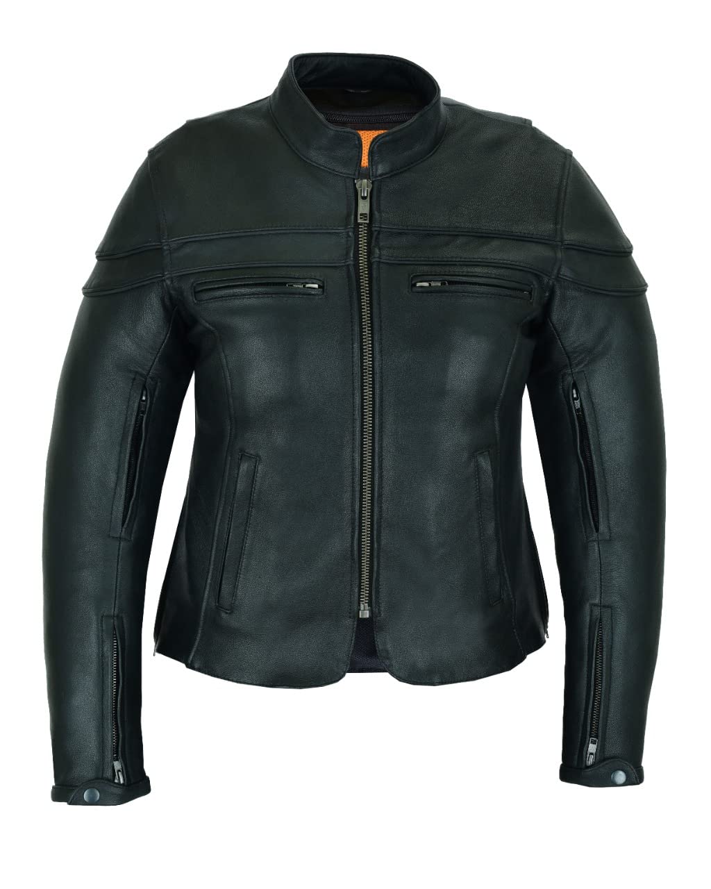 Vance Leather USA Women's Black Waxed Soft Cowhide Leather Sporty Scooter Crossover Biker Motorcycle Riding Jacket (Medium)