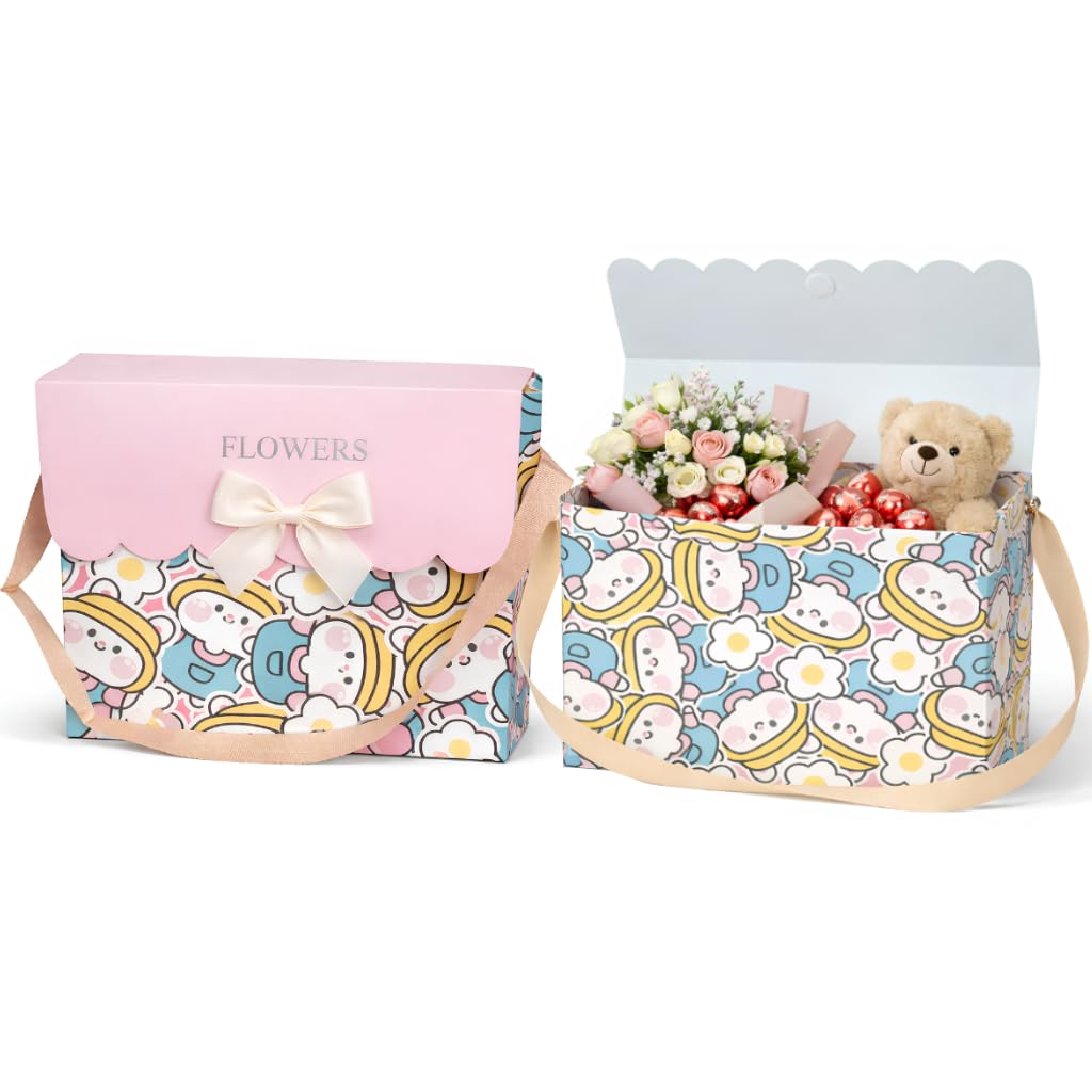 Flowers Gift Box for Bouquet Packing, kawaii pattern Floral Carry Box with Lid for Anniversary, Birthday, Mother’s Day, Reusable Decorative Hamper Box for Gifting, 24.5x19.5x9.5 cm, Pack of 2 (Blue/Pink)