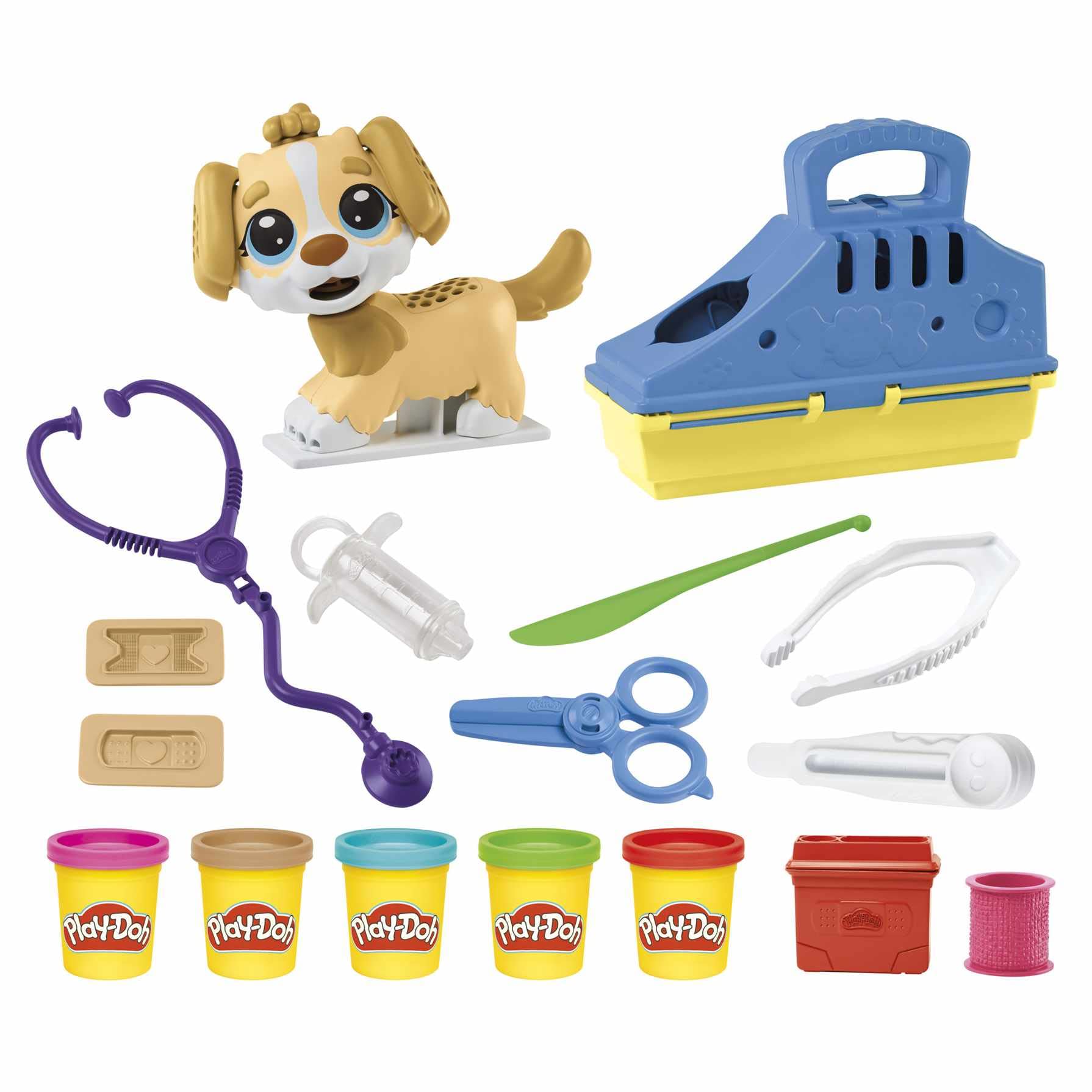 Play-Doh Hasbro Set Veterinario, Set di Plastilina Creativa con Cane Giocattolo, Trasportino, 10 Strumenti, 5 Vasetti di Pasta Modellabile, Giocattolo per Bambini e Bambine da 3 Anni