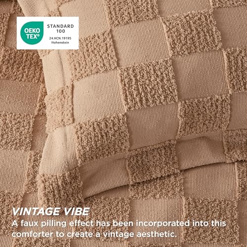 Image of Bedsure Terracotta Queen Size Comforter Set, Boho Tufted Bed Set, Checkered Farmhouse-Style Distressed Vintage Bedding, 3 Pieces, 1 Plaid Geometric Comforter and 2 Pillow Shams