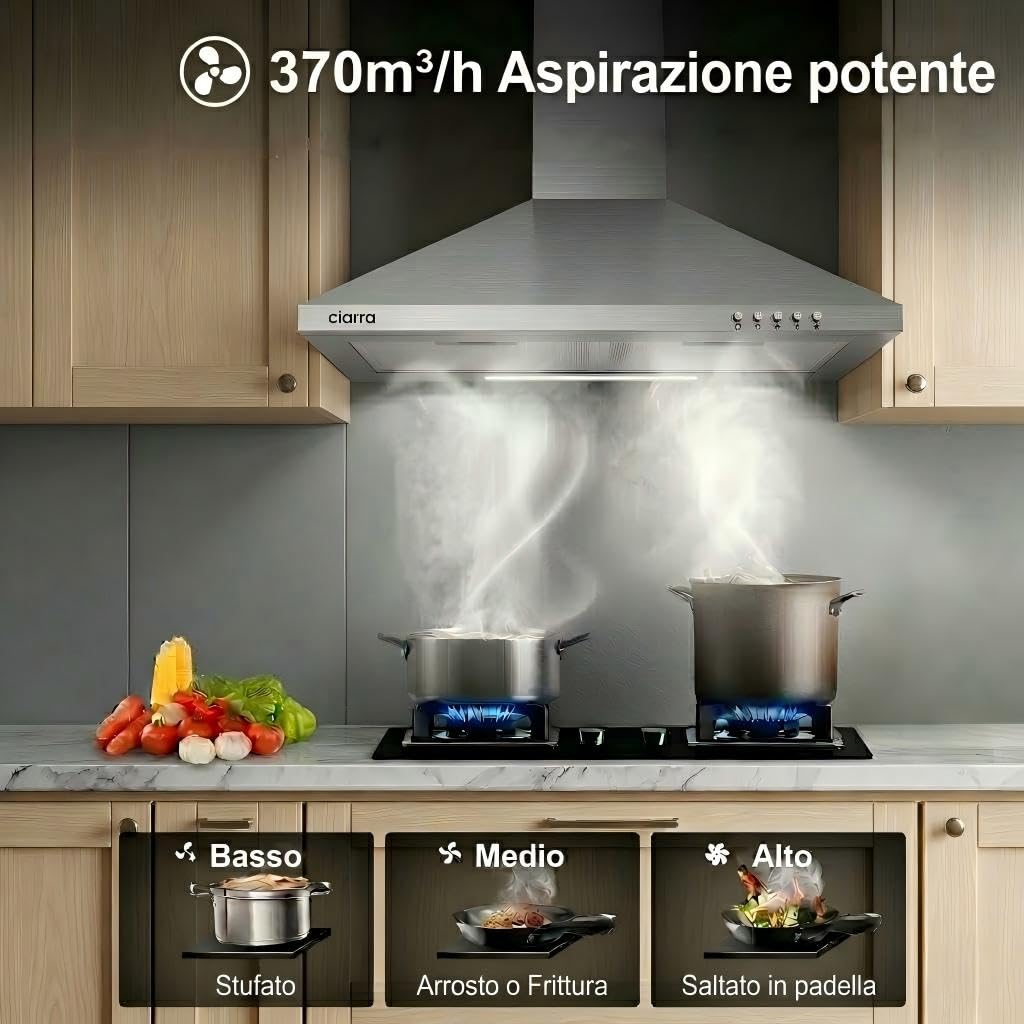 CIARRA Cappa Aspirante 60 cm Classe A 370 m³/h CAS6201A, Cappa Cucina Nero con 3 Velocità, Luce LED, Ricircolo e Scarico, Cappa a Parete Silenziosa Moderna per Cucina,Acciaio Inox