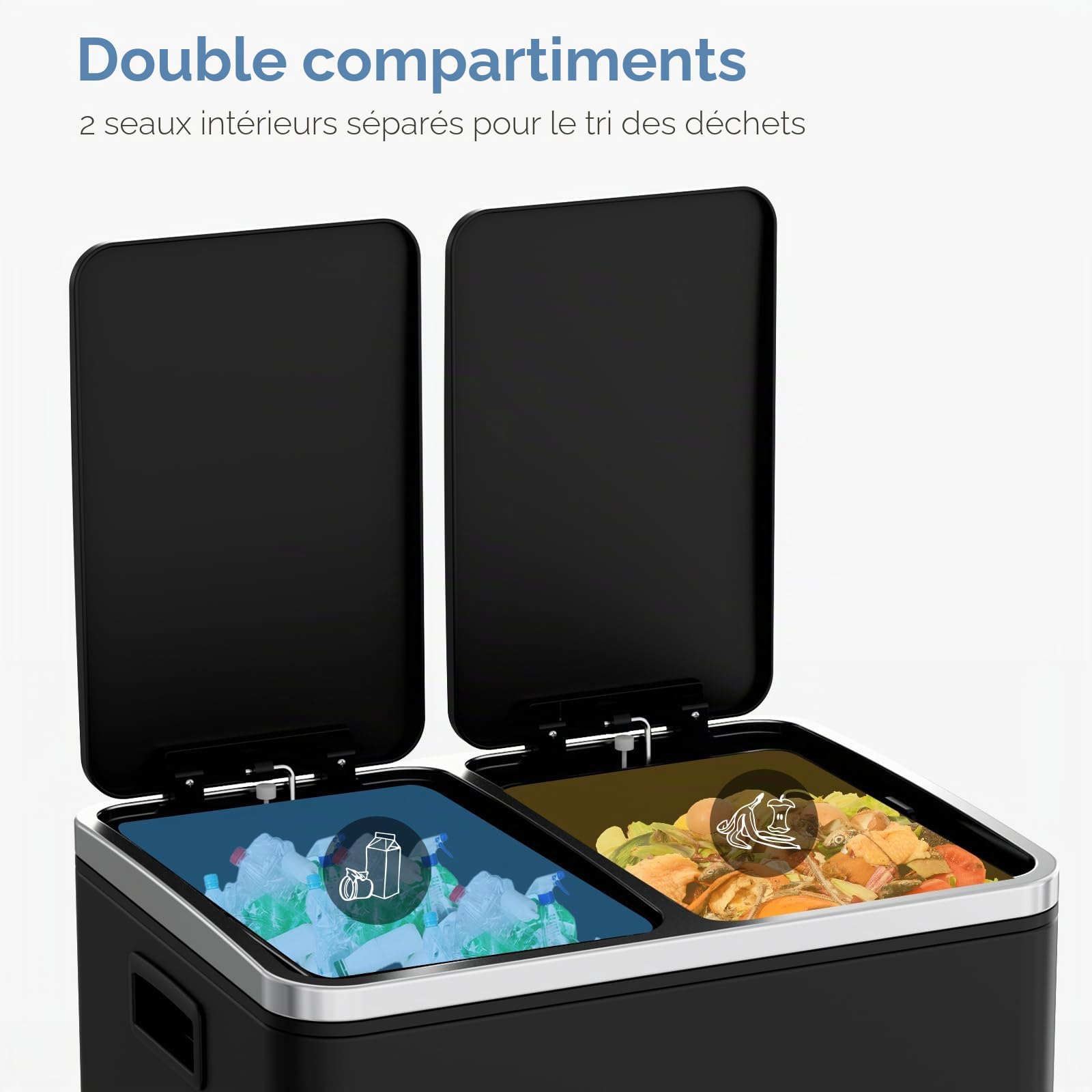 Clevich Poubelle de cuisine, 30 l, système de tri sélectif, 2 x 15 litres, sac poubelle de bureau, poubelle à pédale, déchets recyclables, déchets biologiques, couvercle Softclose, noire