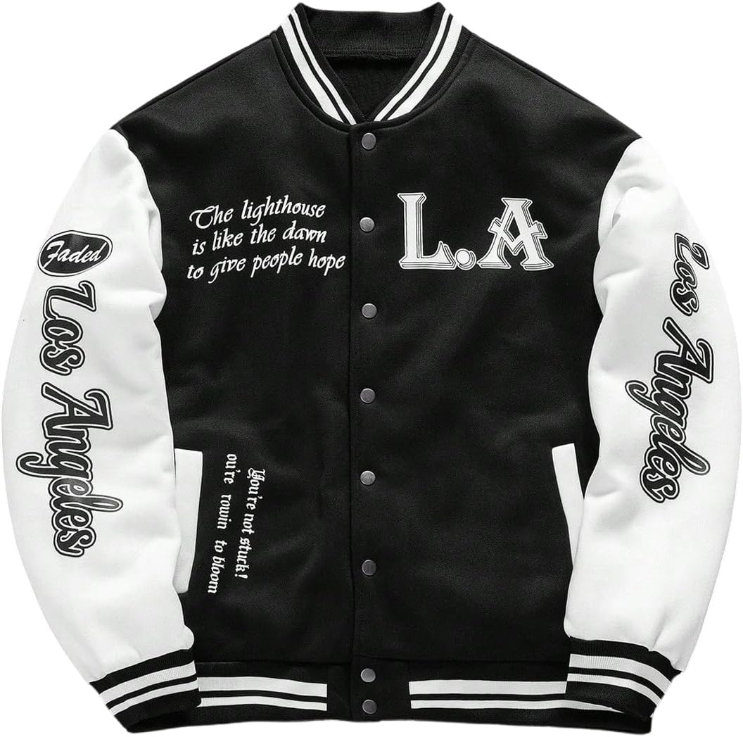 Men's Button Down Varsity Baseball Jacket Trendy Graphic Letterman Jacket Y2K Bomber Coat Preppy Clothes