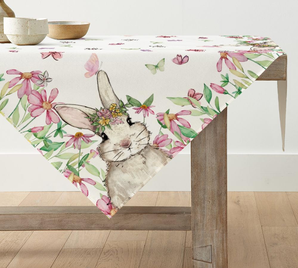 Artoid Mode Rosa Blumen Hase Ostern Tischdecke, Tischwäsche Frühling Küche Tisch Dekoration Drinnen Urlaub Party Dekor 85x85 cm