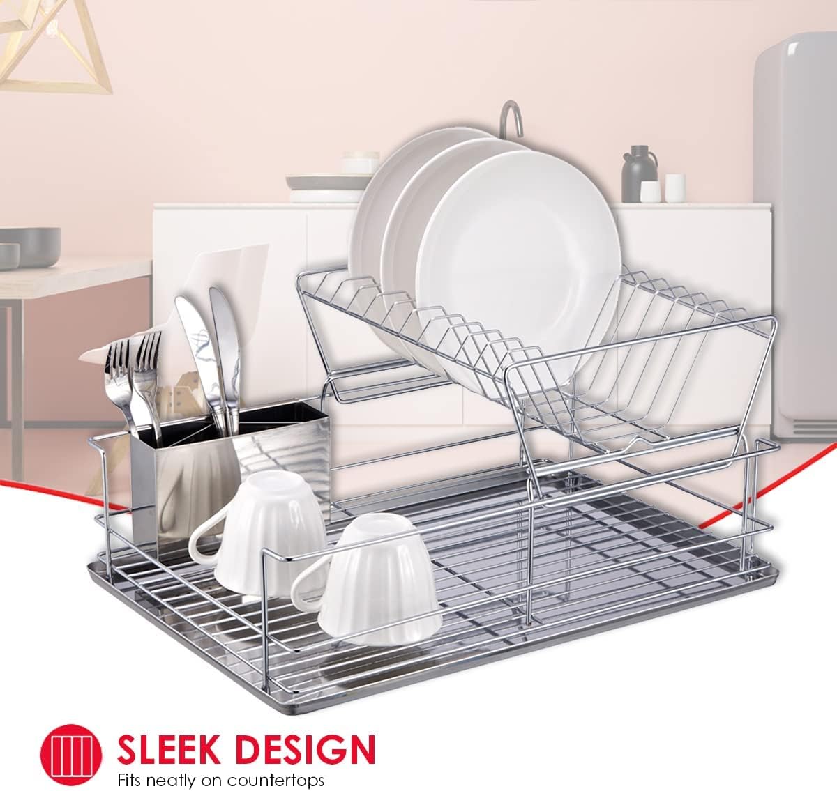 Home Basics 2-Tier Steel Dish Rack with Removable Utensil Cup