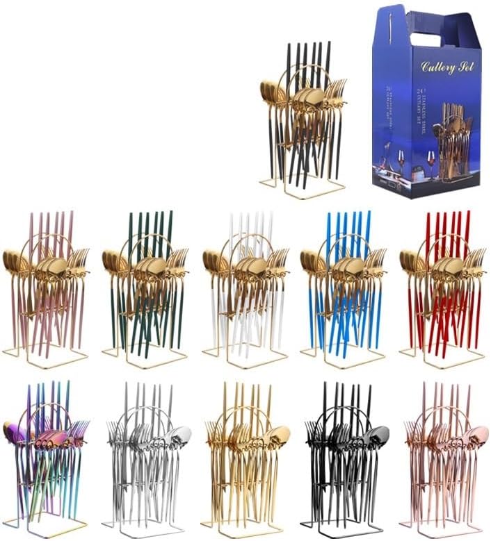 Silverware Flatware Set, 24-piece Stainless Steel Cutlery Set Hanging Piece Portuguese Hotel Steak Knife, Fork And Spoon(Color:White Gold)