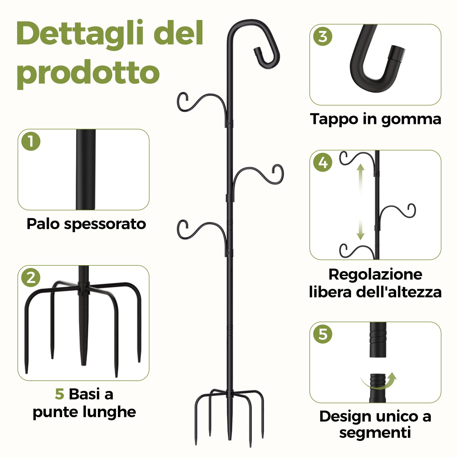 Bamworld Gancio da Pastore da Esterno 120cm per Piante Sospese - Supporto Giardino con 4 Ganci Regolabili
