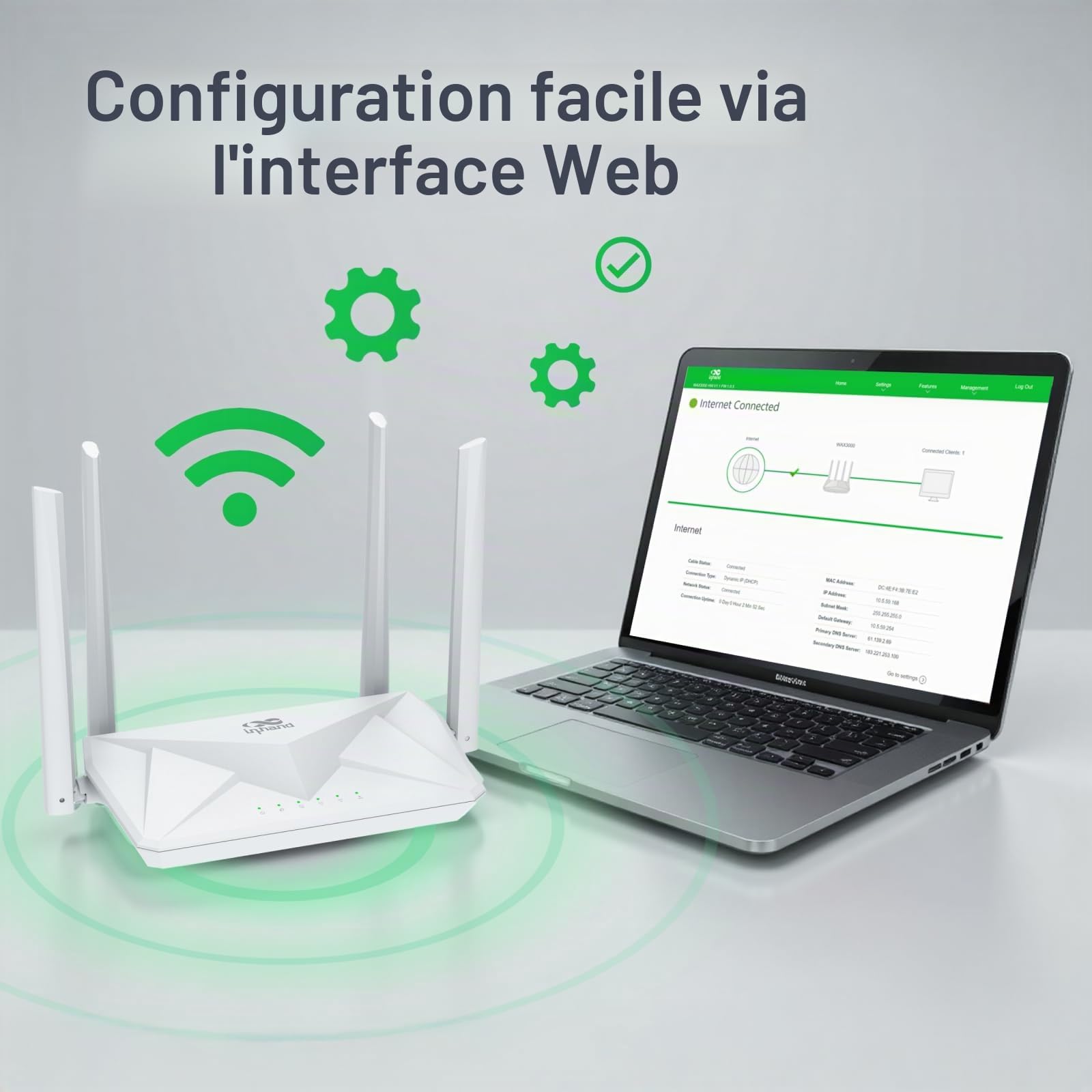 InHand Networks AX3000 Routeur Wi-FI 6 Jusqu'à 3000 Mbps Dual Band, 4 Ports GbE LAN/WAN,160Mhz, MU-MIMO,OFDMA, WPA3 Sécurité d'entreprise, pour Le Streaming et vidéo 4k/8K, contrôle Parental
