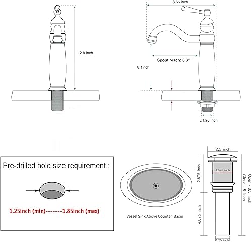 Miniatura 2 de GGStudy Grifo de baño de latón antiguo giratorio de 360  con una sola manija de 1 agujero, grifo de lavabo de baño a juego con drenaje desplegable