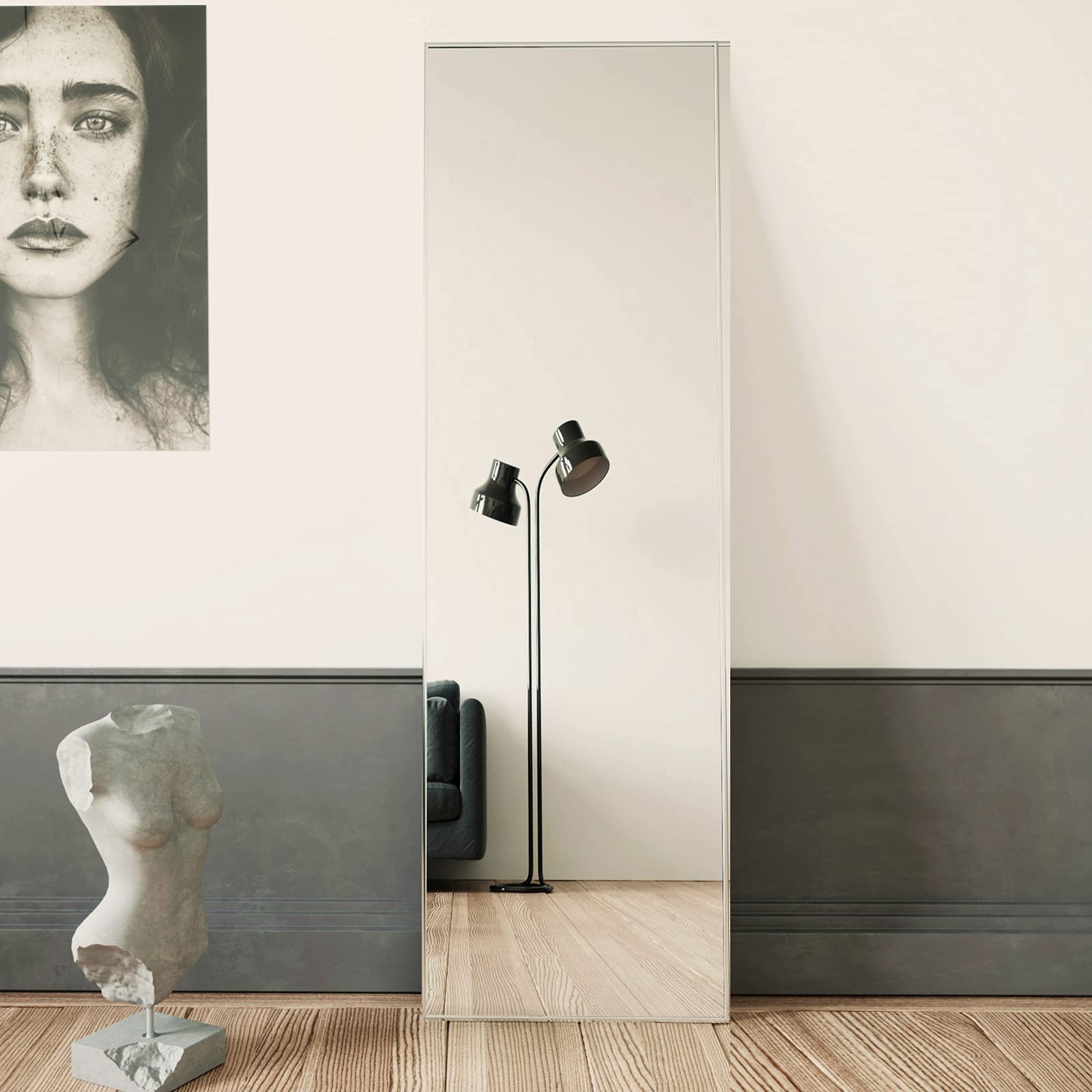 BEAUTYPEAK Silver Full Length Mirror, 55"x16" Standing Hanging or Leaning Against Wall Floor Mirrors Body Dressing Wall-Mounted for Living Room, Bedroom with Aluminum Alloy Thin Frame