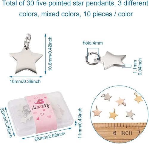 Miniatura 6 de KISSITTY 30 unidades/caja 304 dijes de estrella de acero inoxidable 304, oro rosa, dorado y acero inoxidable, colgantes de 0.433 x 0.472 x 0.043 in
