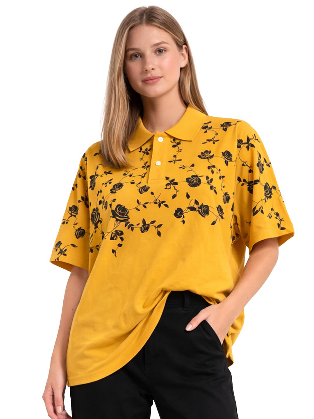 Women's Half Sleeves Printed Oversized Polo T-shirt-WSAP301-picture-35