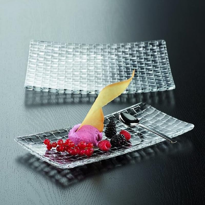 Image of Crystal Glass Serving Tray Rectangular 11 inch | Elegant Grid Relief Long Clear White Serving Plate | Serve Appetizer,Food,Sushi, Snack, Fruit, Cake & Dessert for Holiday Party