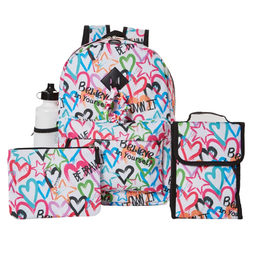 CLUB LIBBY LUEmpowerment Heart Love Backpack Set for Girls, 16 inch, 6 Pieces - Includes Foldable Lunch Bag, Water Bottle, Scrunchie, & Pencil Case