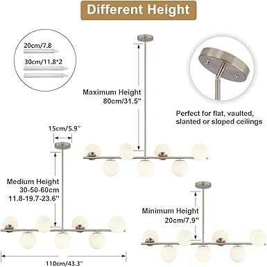 KCO KCO Moderne kroonluchter voor eetkamer, hanglamp industriële keuken, lineaire hanglamp van glas, 7 witte glazen bollen voor keukeneiland, woonkamer, slaapkamer, eetkamer photo 2