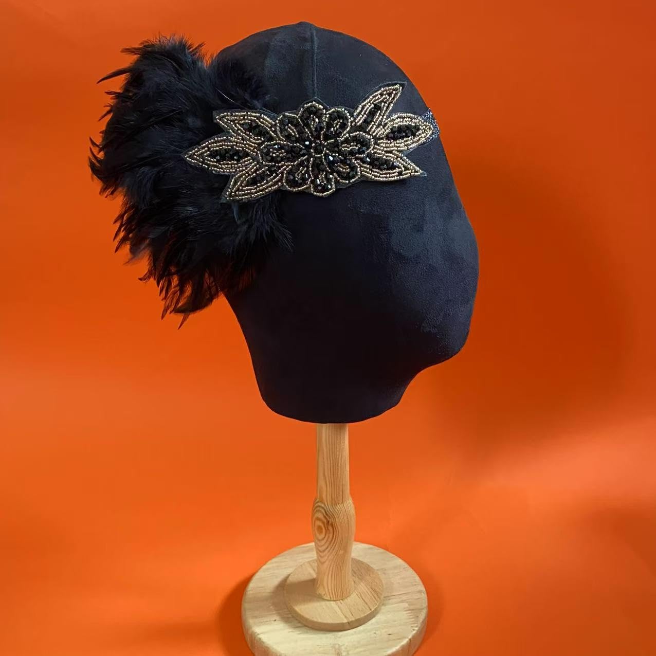 Vintage 1920s Flapper Headpiece Roaring 20s Headband for Women Hair Accessory (Bead Feather Black, one size) - Image 2