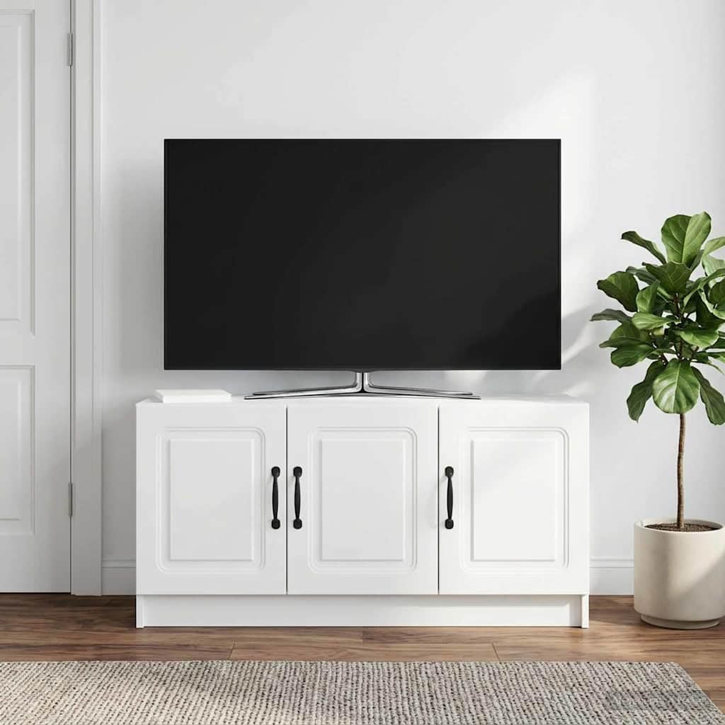 Mobile TV Bianco 99x34,5x47cm in Legno Ingegnerizzato | Consolle bassa con 3 ante e maniglie per organizzare decoder e accessori nel soggiorno o in camera da letto.