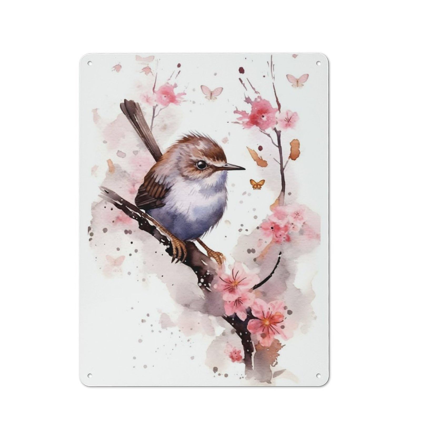 Wren Watercolor Loft Style Metal Wall Decor 40x30cm, Decorative Metal Plaque for Loft, Studio, Office Or Creative Room