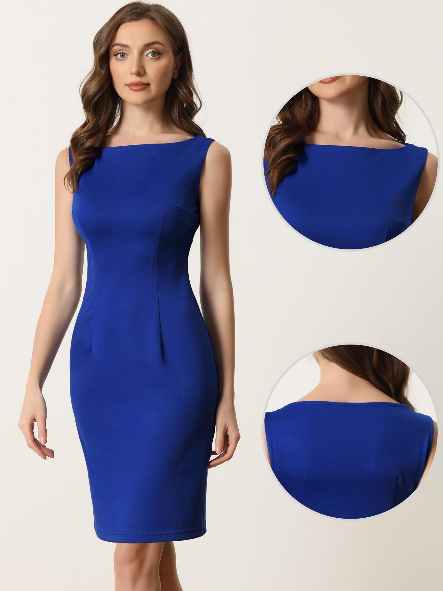 Allegra K Sheath Dress for Women's Business Teacher Sleeveless Boat Neck Professional Office Dresses