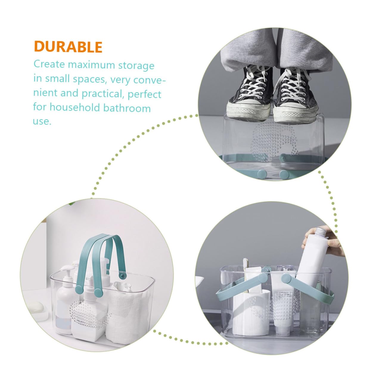 Cesta de Ducha Portátil Azul Transparente, Cesta de Plástico con Asa y Drenaje, Organizador de Baño Multifuncional para Almacenamiento y Uso en Ducha, Hogar o Viaje