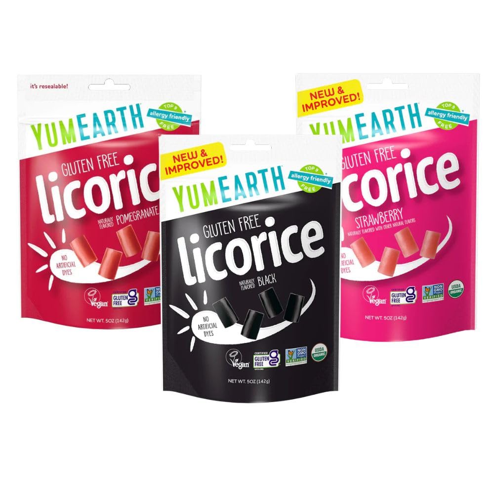 YumEarth Organic Licorice Lovers Variety Pack, 5oz(Pack of 6), Allergy Friendly, Strawberry, Pomegranate, Black Licorice, Gluten Free, Non-GMO, Vegan, No Artificial Flavors or Dyes