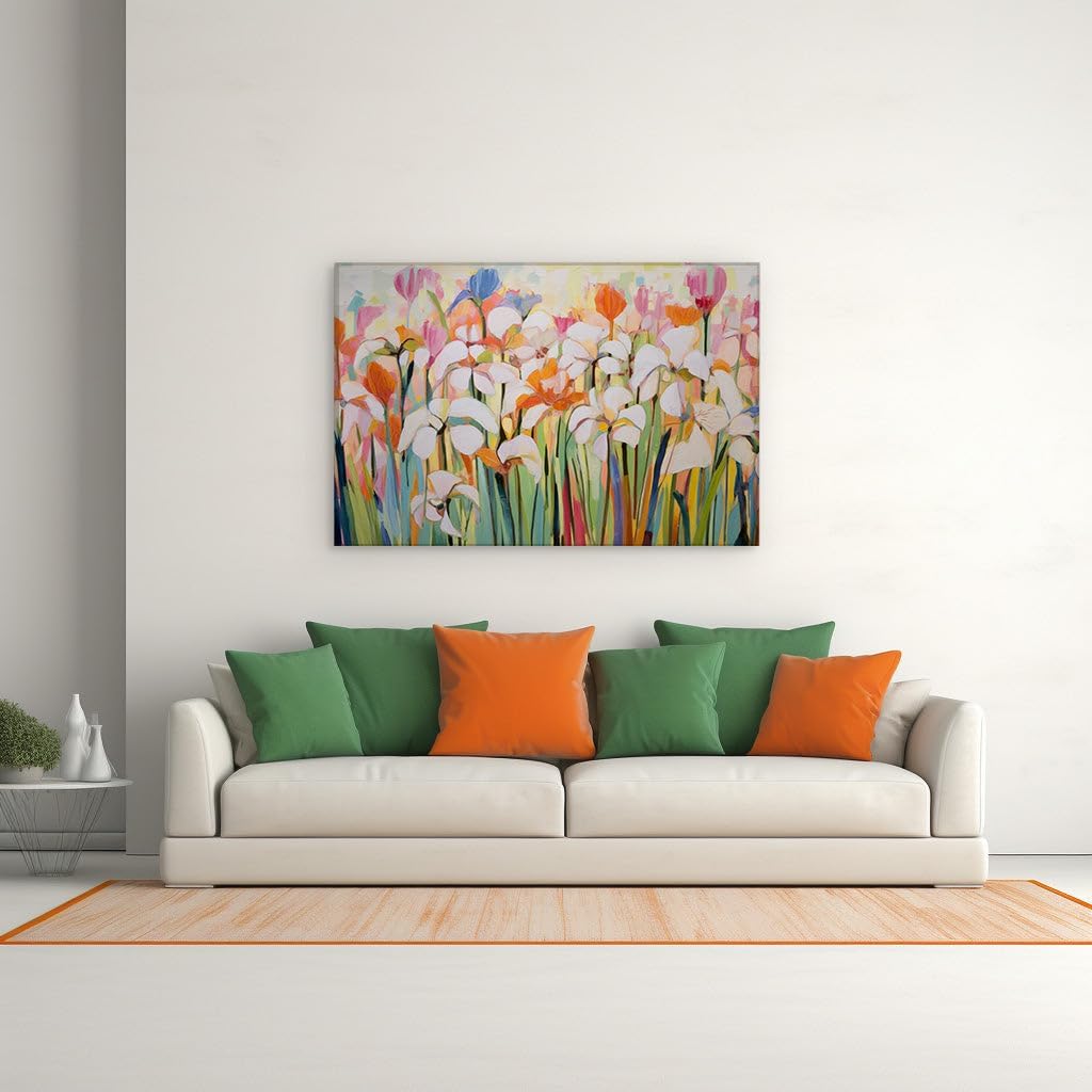 Canvas for Living room. Burst of Bloom: A Vivid Floral Tapestry in White, Orange, and Pink, 27 x 18 inch Canvas Wall Art - Contemporary Masterpieces - Botanical Home Decor - 69x46 cm (27x18 inch)