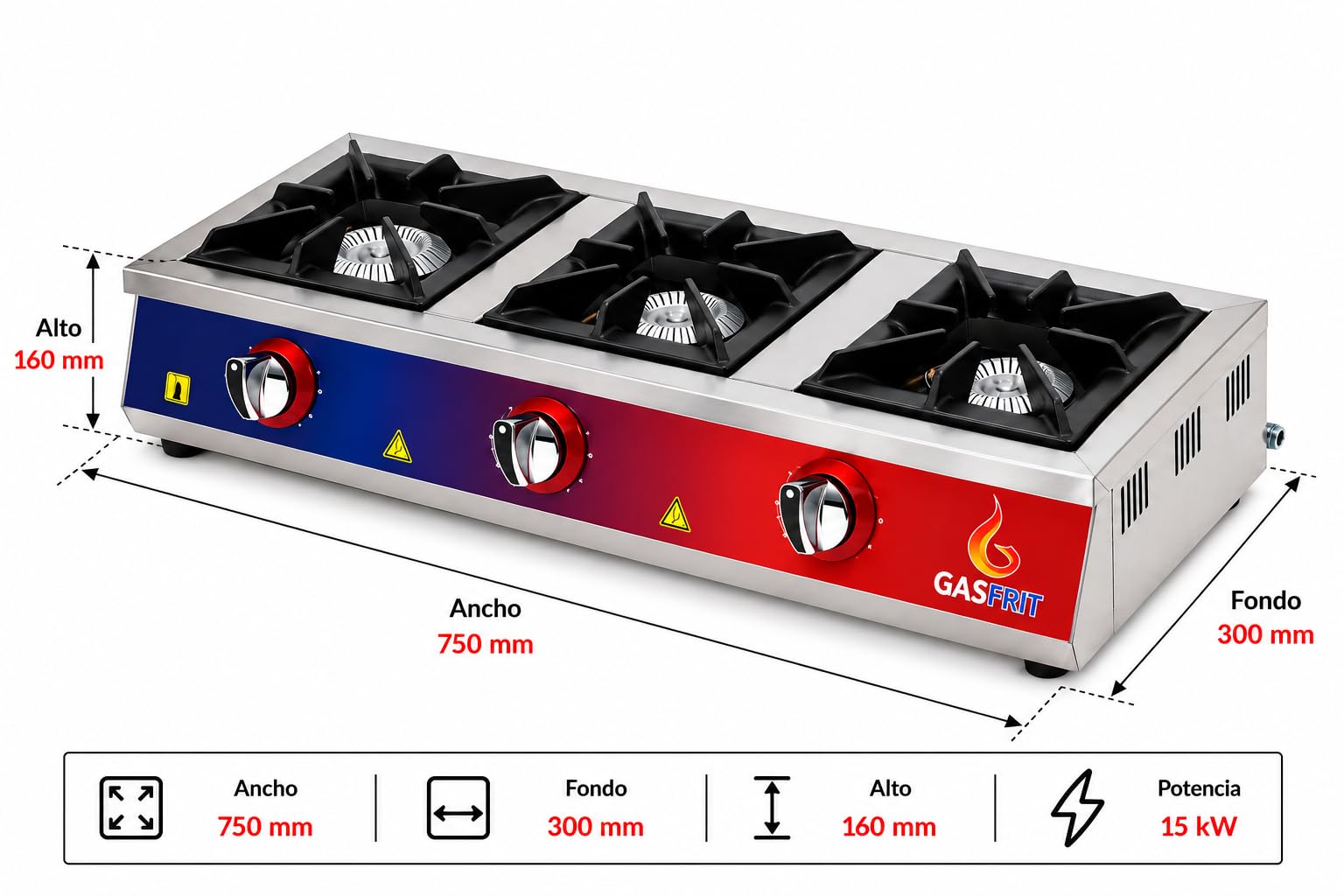 Cocina de Gas Profesional E-Line, 2, 3 o 4 Fuegos, Acero Inoxidable, Butano o Propano, Cocina Industrial para Hostelería, Restaurantes, Bares y Cafeterías