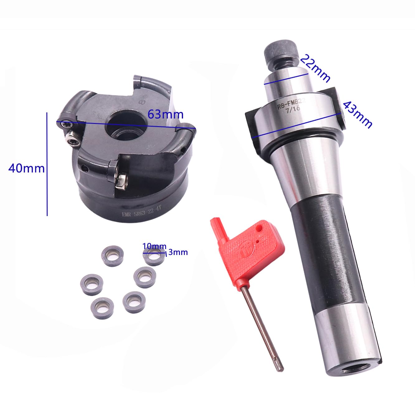 R8 FMB22 7/16-20 Shank Face End Mill Arbor and 2.5"/63mm Cutting Diameter 4 Flute EMR 5R63-22-4T CNC Face End Milling Shell Cutter with 10Pcs RPMW1003 Round Carbide Inserts and T15 Wrench