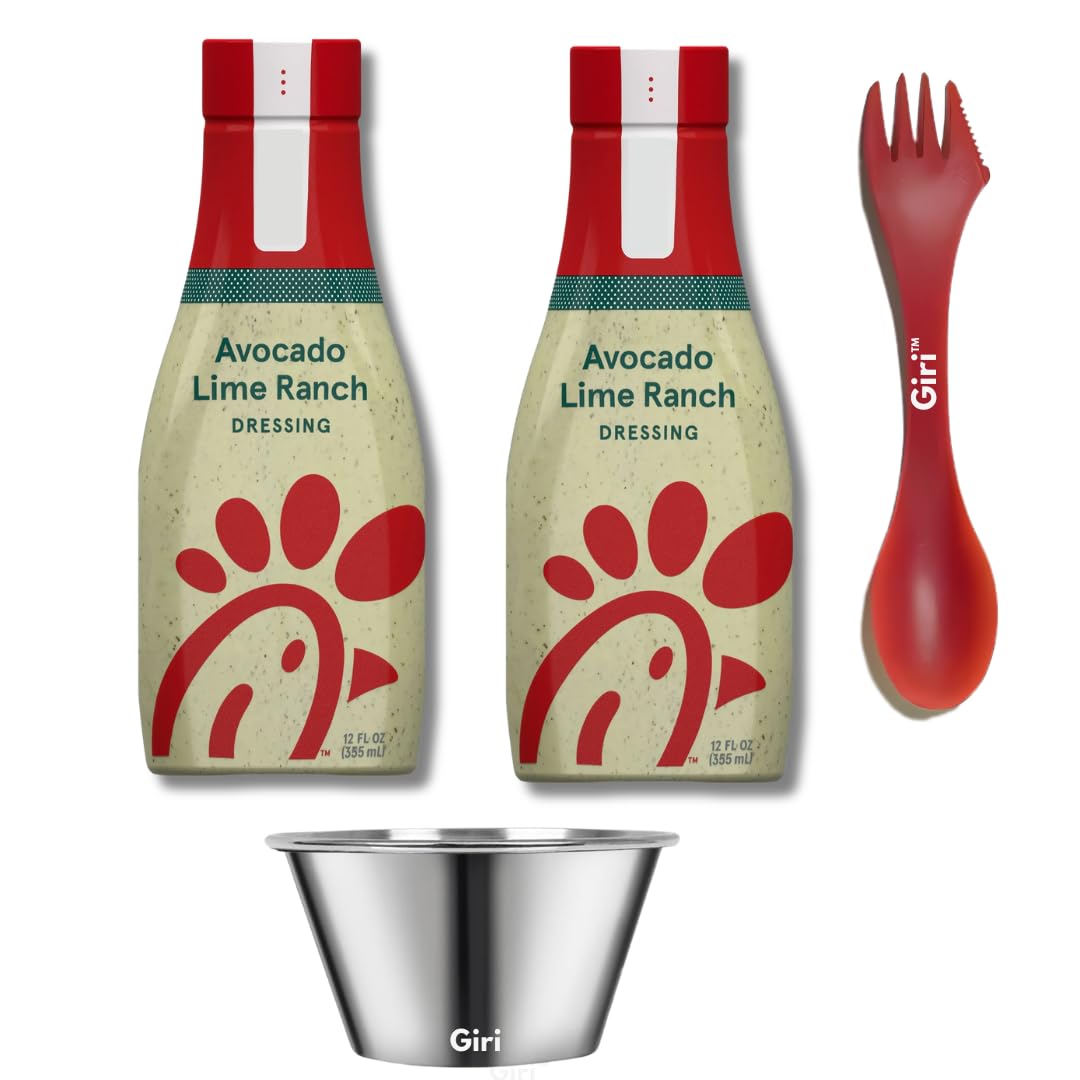 chikfila Avocado Lime Ranch Salad Dressing, 12 oz (2-pack) Bundle with Giri Plastic Spork and Stainless Steel Condiment Cup (3 Items)