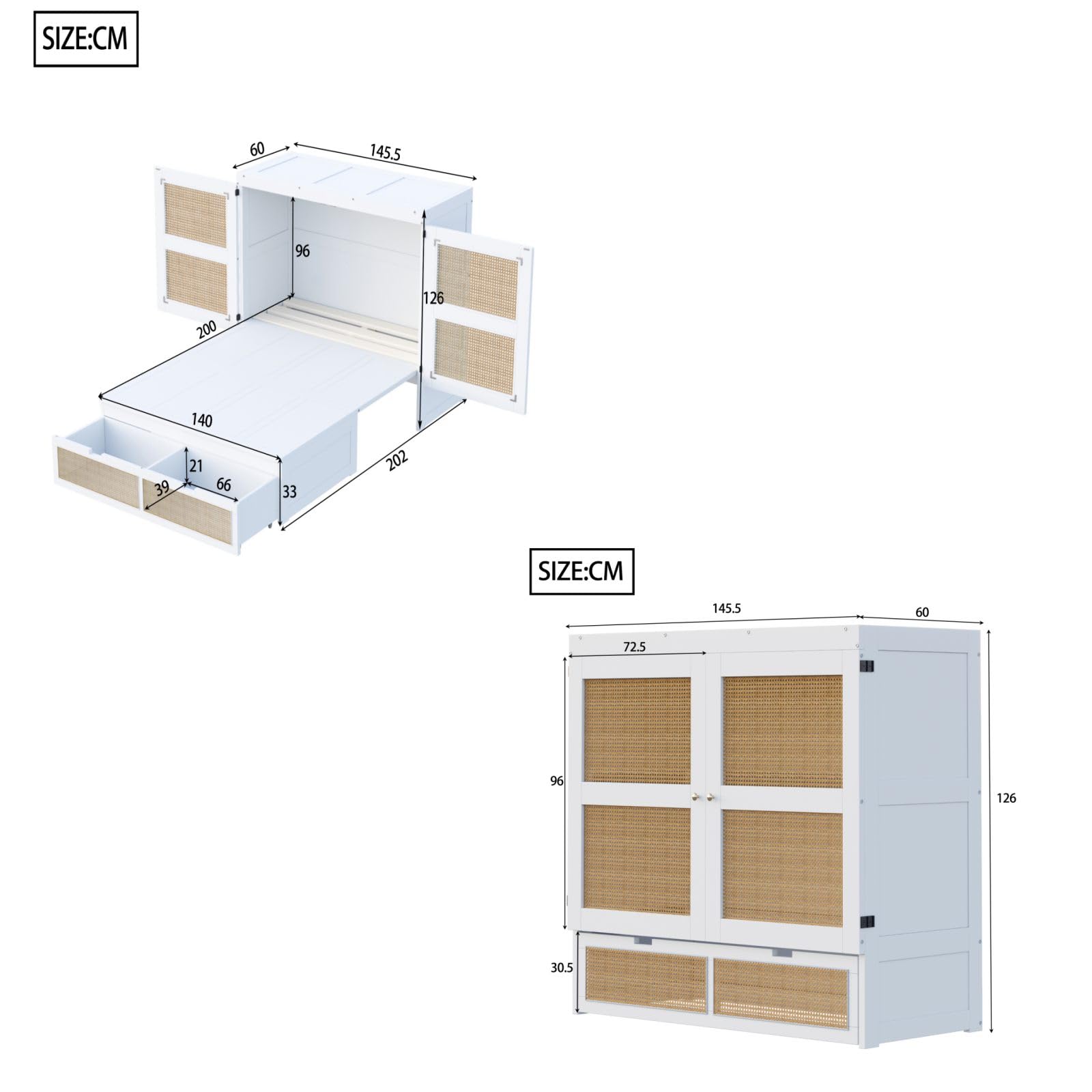 YEHTOKHOME Lit Armoire Vertical de 140 x 200 cm avec 2 tiroirs et Design en rotin, Multifonctionnel lit Pliant Mural avec Espace de Rangement et Cadre à Lattes(sans Matelas) (Blanc)
