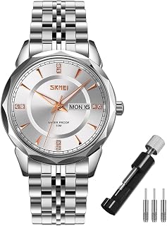 SKMEI Watch for Men 手表 男士 金银 不锈钢 商务 经典 手表 绅士 防水 模拟 时尚 简约 日期 男性用 手表 高档 礼品金, 银色 表带+ 银色表盘, 手链类型