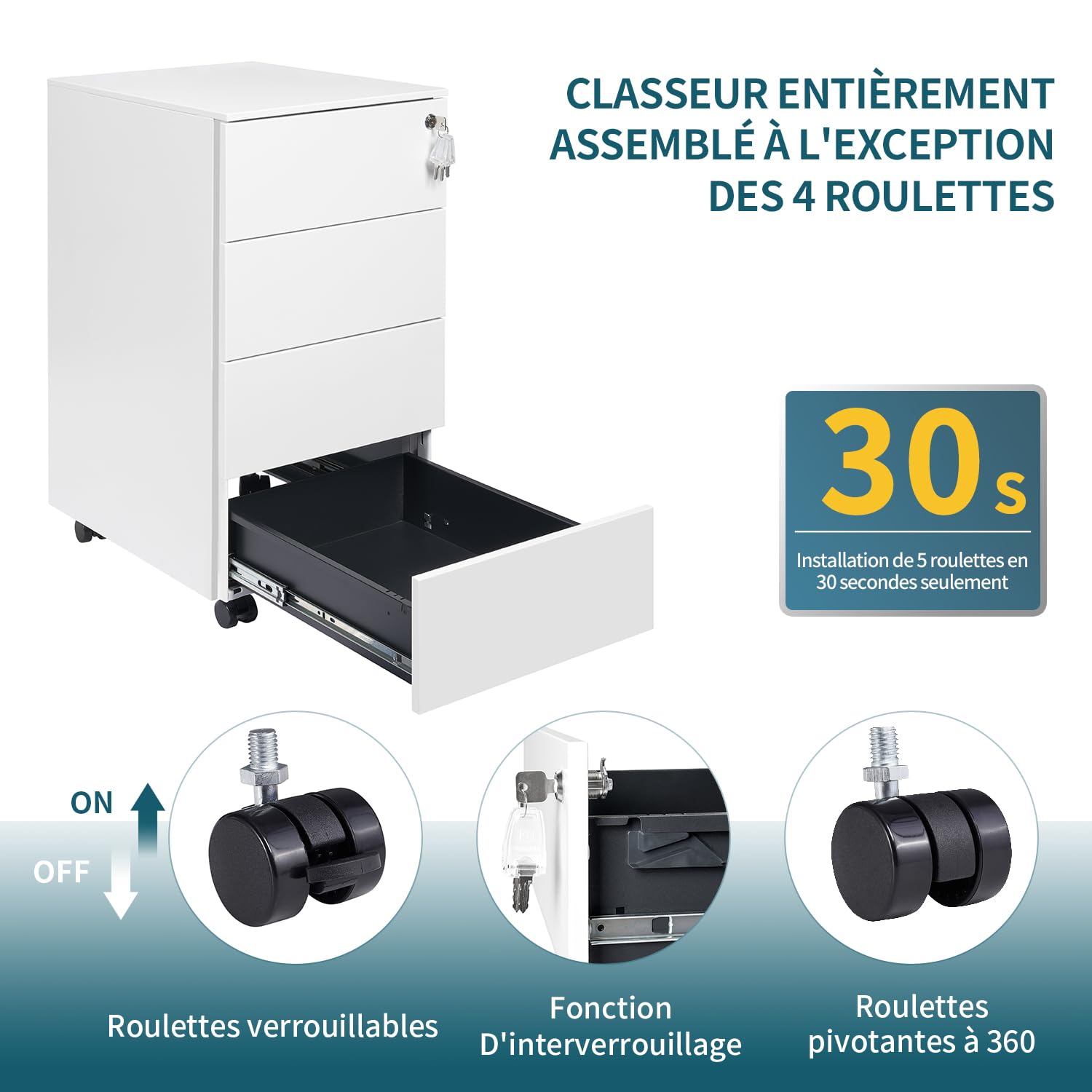 Caisson Bureau avec 4 Clés, Caisson de Rangement Mobile, Meuble Tiroir Bureau, Verrouillable, 4 Tiroirs, Travail, Bureau à Domicile