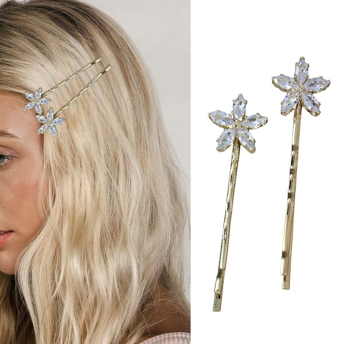 S.A.V.I 1 Pair Crystal Flower Bobby Pins for Women | Gold Hair Clips with Rhinestone Design – Stylish Hairpins for Party, Wedding & Daily | 6cm Long Elegant Hair Accessories-image-18