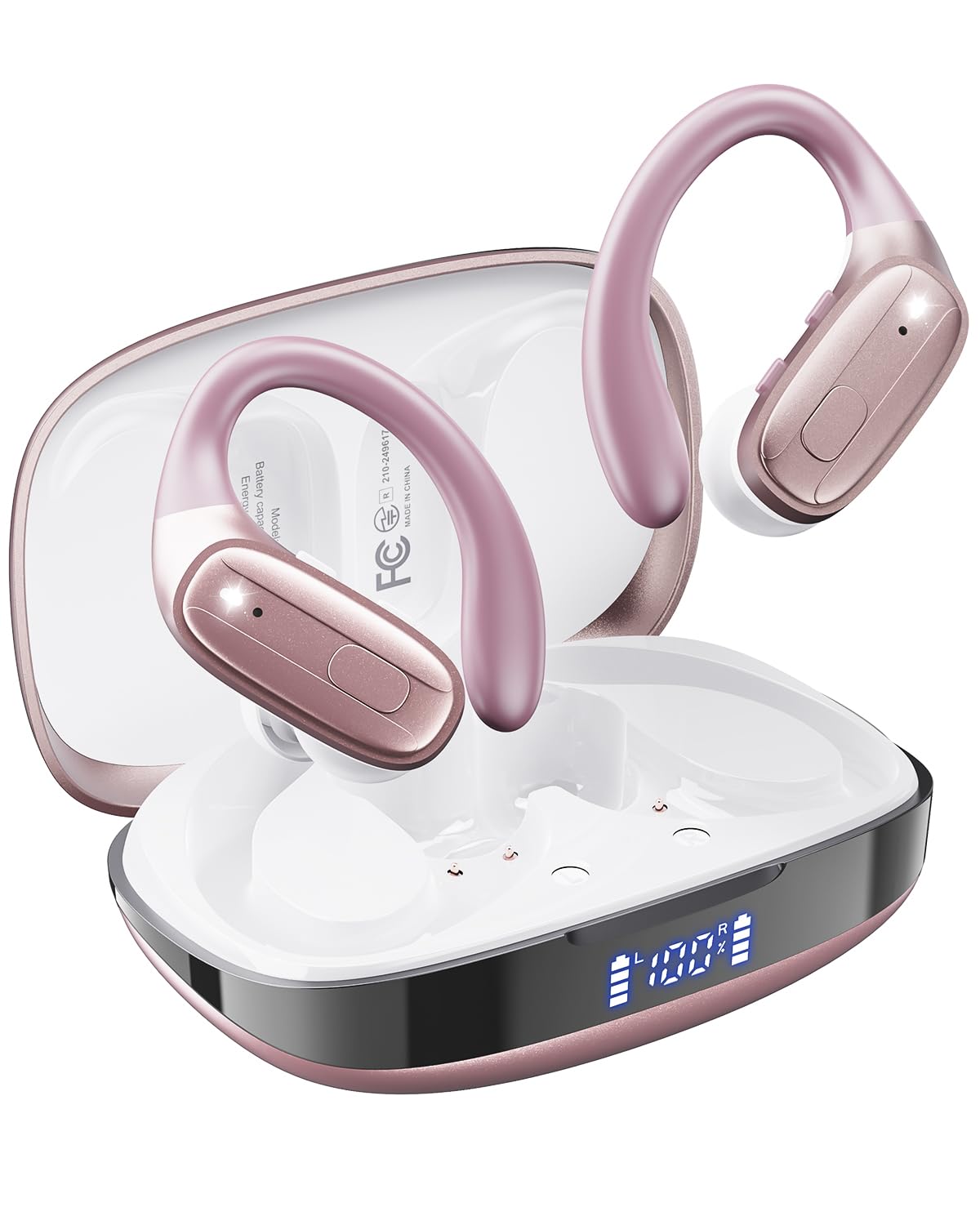 Wireless Earbuds, Sports Bluetooth 5.4 Headphones, Ear Buds with ENC Noise Canceling Mic, 80Hr Playtime Earphones, Palm-Sized, LED Power Display, IPX7 Waterproof Headset for Workout Running, Rosegold