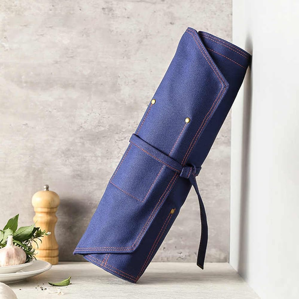 Rollo de cuchillos de lona encerada, 12 ranuras para cuchillos, protectores de cuchillos, bolsa de almacenamiento portátil de lona para camping, trabajo (beige)