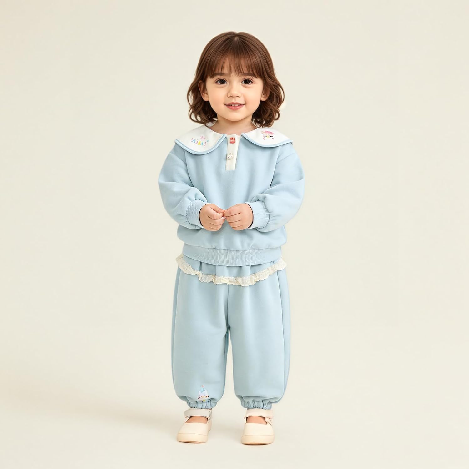 Baby Girls Pants Set 2PCS Peter Pan Collar Polo Shirt Lace Trim Sweatpants Sets 12M-5Y