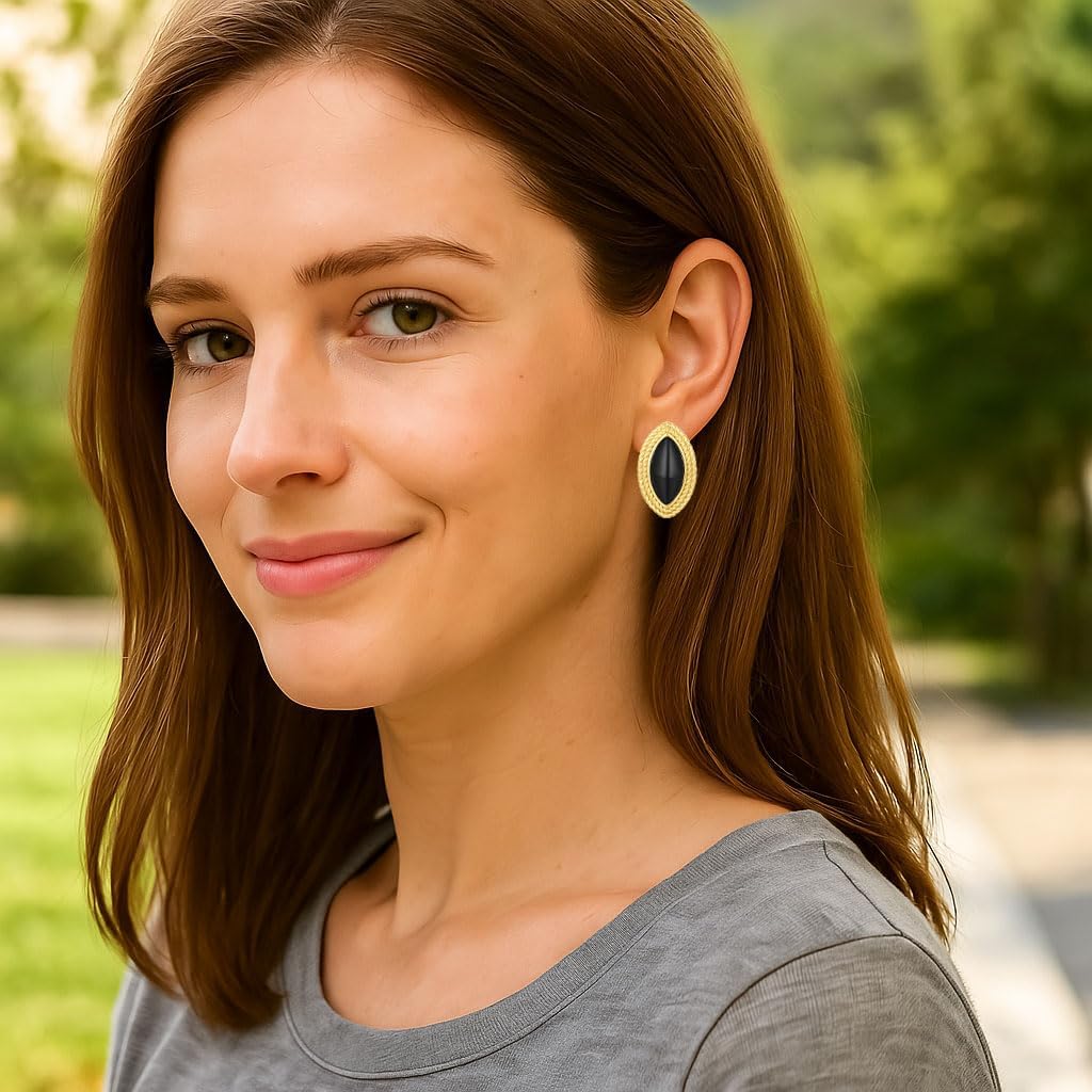 Chunky Earrings Vintage Black Oval Stud Black and 18K Gold Plated Statement Earrings for Women Non Tarnish Stainless Steel Jewelry - Image 3